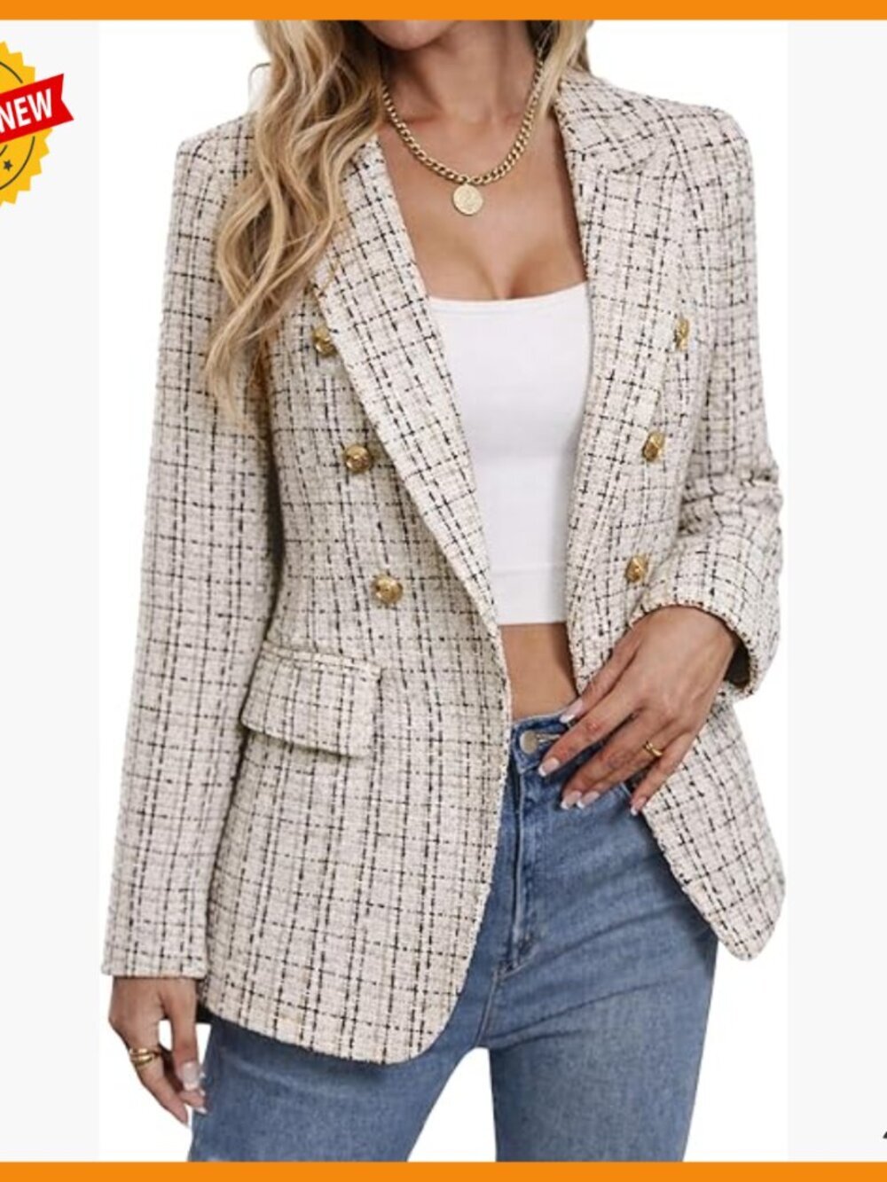 Tweed Plaid Blazer Jacket Fully Lined Business Casual Work Coat Pockets